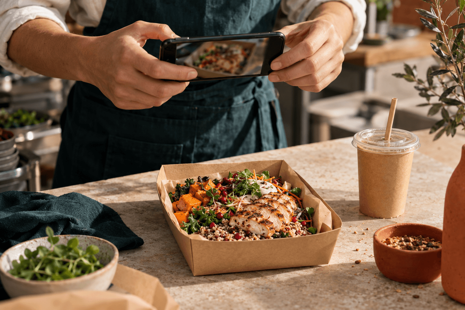 Illustrative menu photography session showing a takeaway meal being photographed