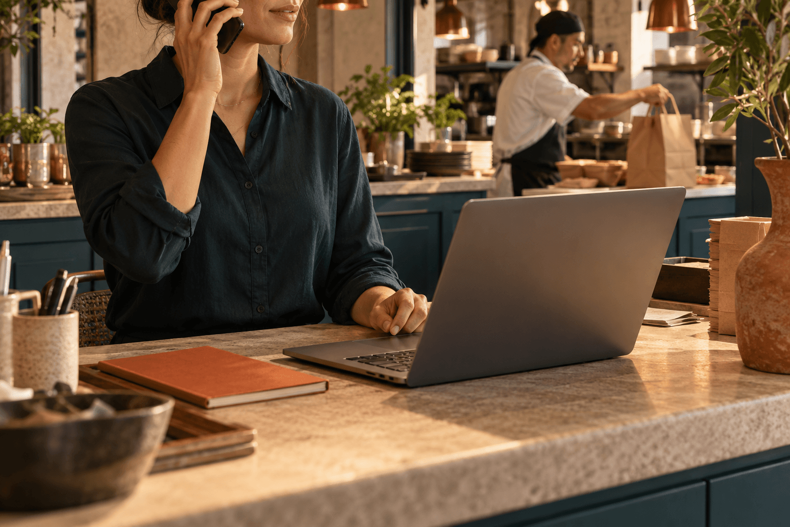 Restaurant manager discussing platform performance by phone