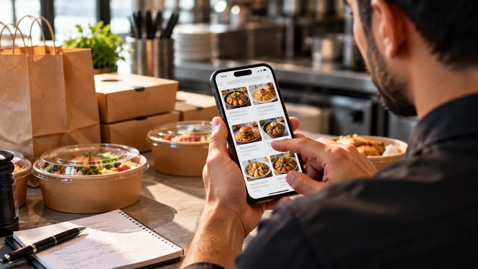 Restaurant operator reviewing a food delivery menu on a smartphone beside prepared takeaway meals