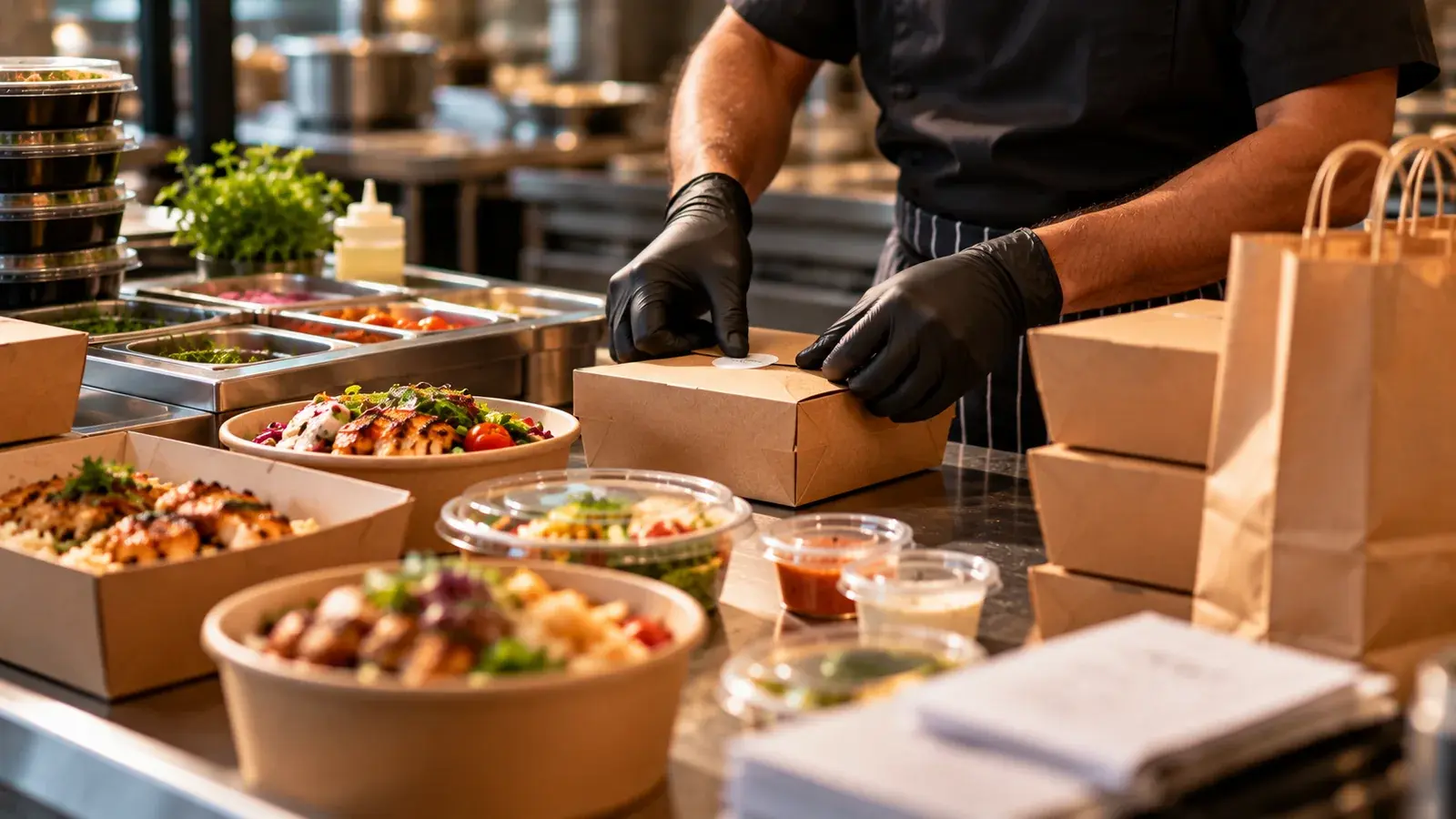 Restaurant worker sealing a takeaway order at a professional kitchen pass