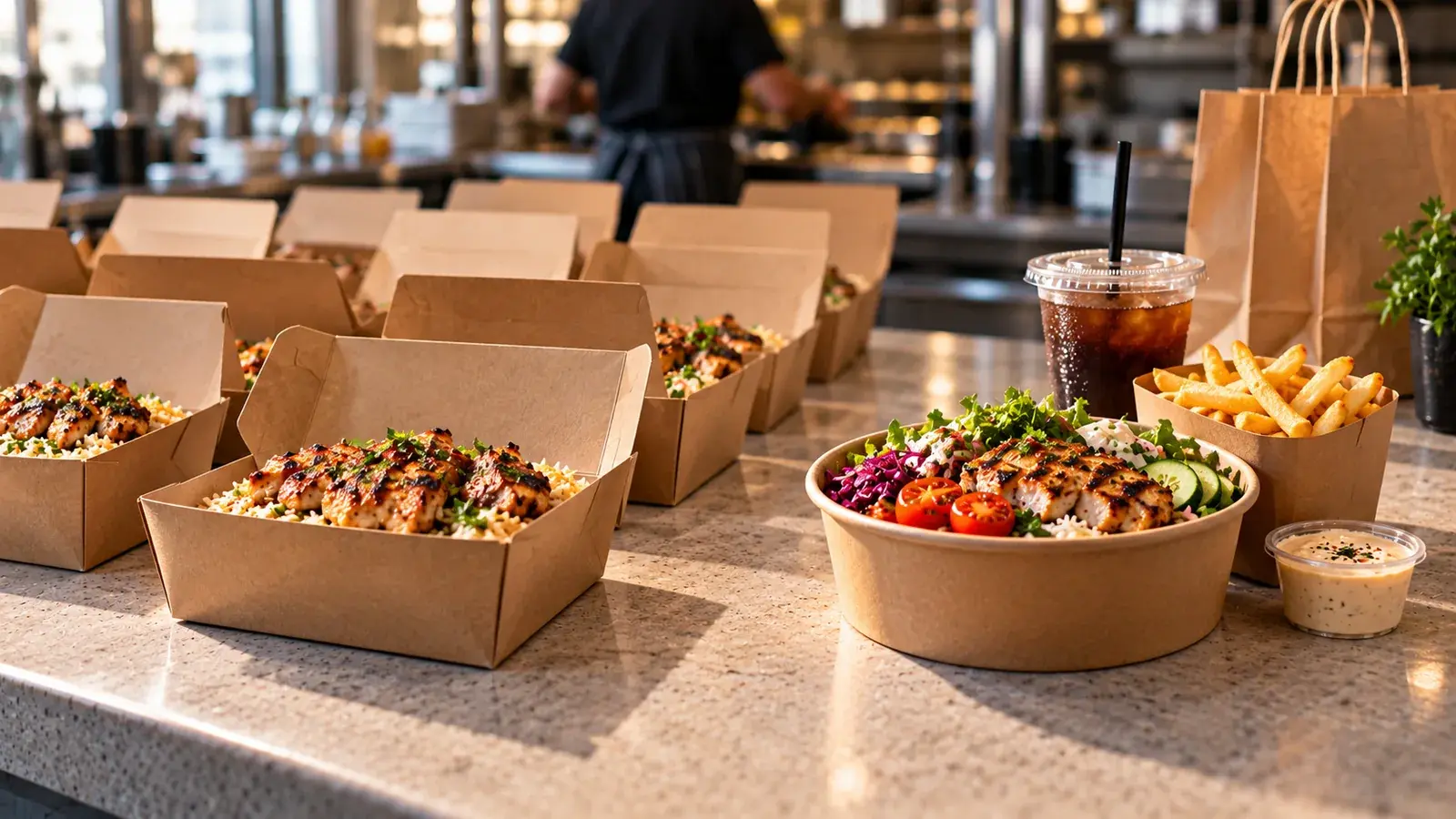 Several takeaway orders beside a complete chicken meal with fries and a drink on a restaurant counter