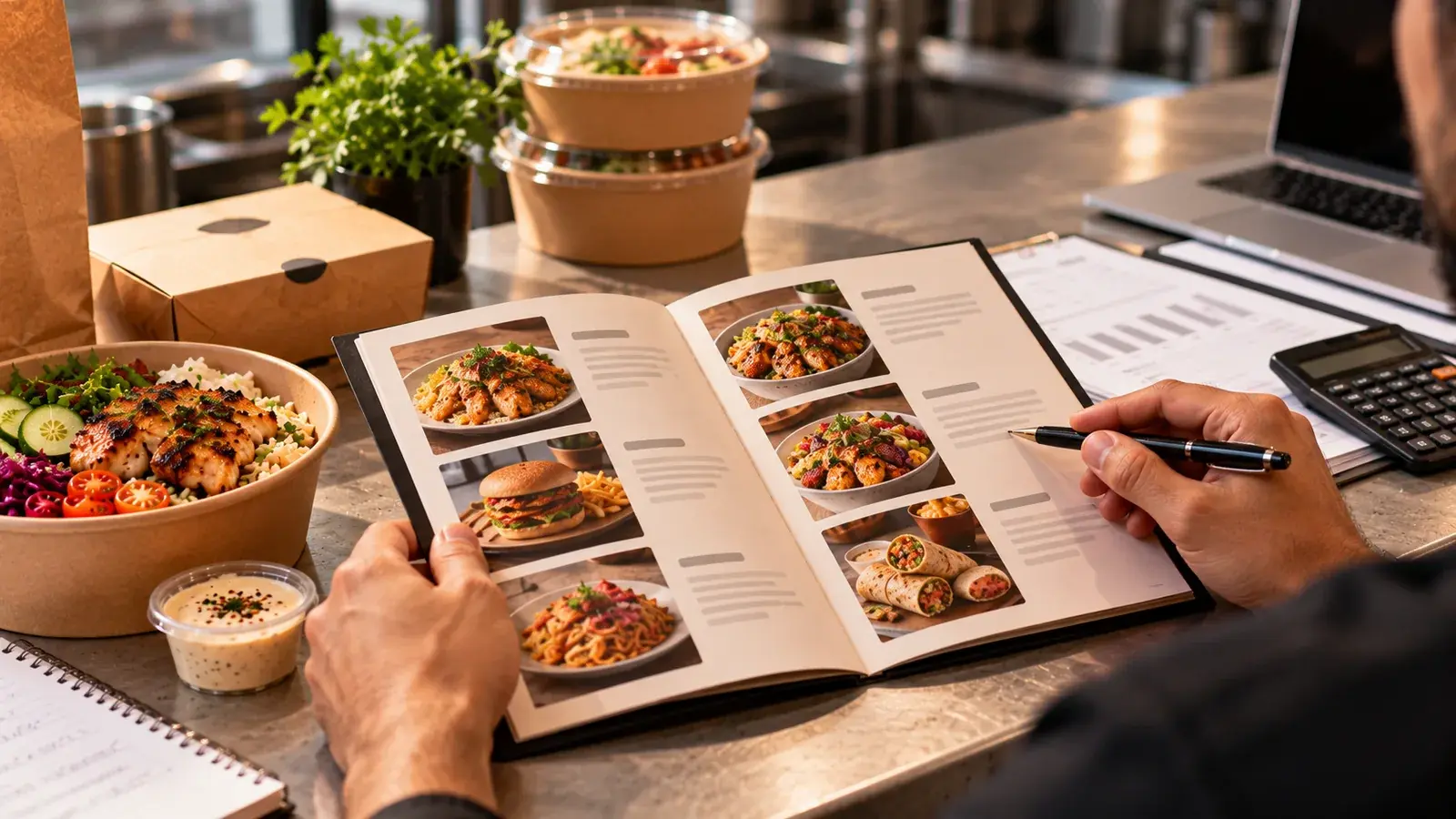 Restaurant operator reviewing a photo menu with a pen beside takeaway food and a calculator