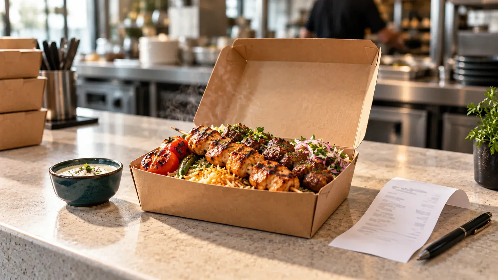 Mixed grill takeaway meal beside an unbranded paper receipt on a restaurant counter